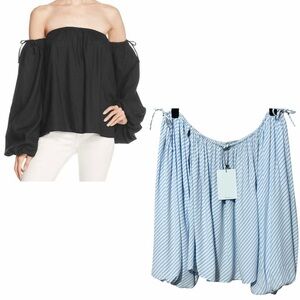 MLM LABEL NWT Blue/White Striped Balloon Sleeve Off The Shoulder Top M